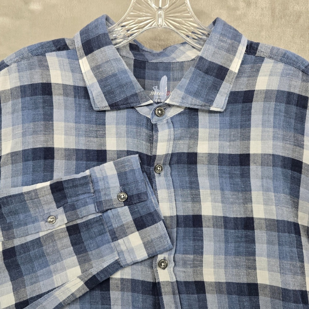 johnnie-O Featherweight Shirt Mens XXL Blue Plaid Cotton Linen Button Down